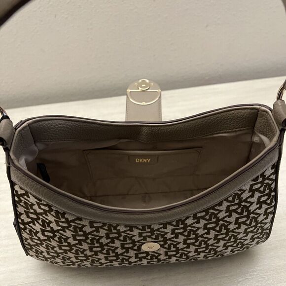 DKNY Bryce Demi Jacquard Monogram Logo Shoulder Bag Brown Beige Taupe - Picture 5 of 9